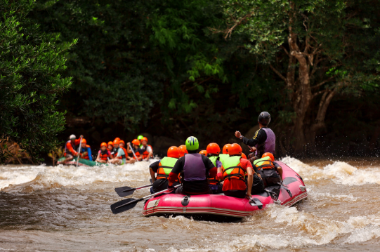 Several rafts in the river in the forest filled with rafters