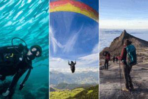 A 3-set collage of images of Malaysia's adventure tourism, which includes diving, paragliding, and trekking