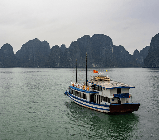 aeriel view of cruise ships navigation through ha long bay