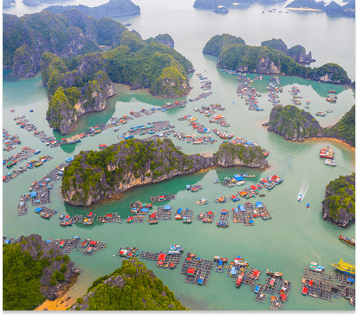 aerial view of floating fishing village in halong bay