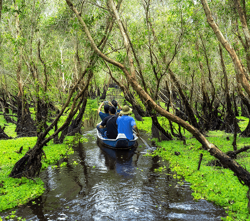 tourist sightseeing over the traditional boat in mekong delta