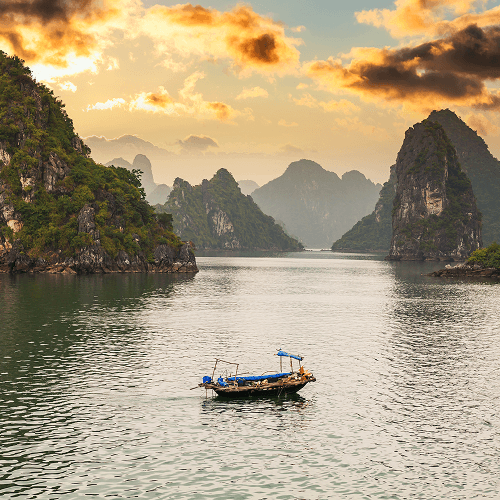 view of cruise ships and islands in ha long bay vietnam
