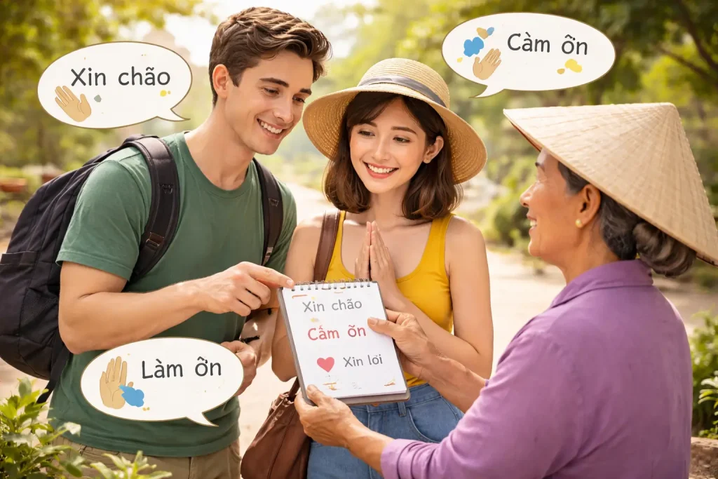 Tourists greeting a local woman respectfully with a phrase notebook and prayer-hand gesture, demonstrating Vietnamese etiquette phrases like "xin chào" and "cảm ơn"